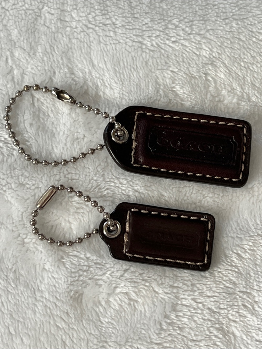 Coach Dark Brown Leather Key & Card Tag Set with Silver Chains